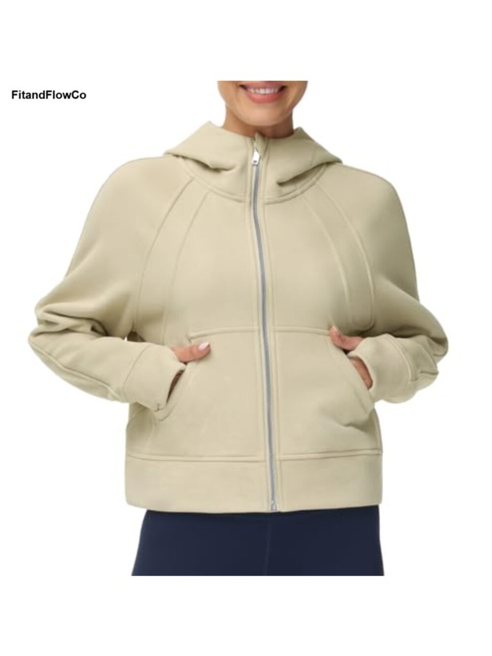 Fleece Lined Full Zip Hoodie Crop Sweatshirt Thumb Holes Kangaroo Pocket